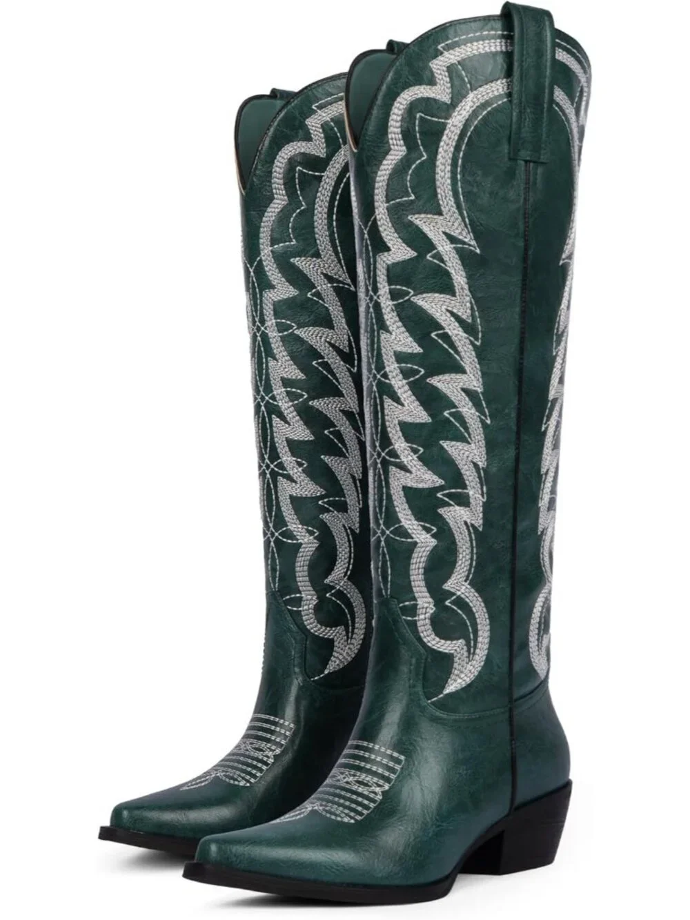 Women's Green Cowboy Knee High Boots Pointed Wide Calf Chunky Heel Cowgirl